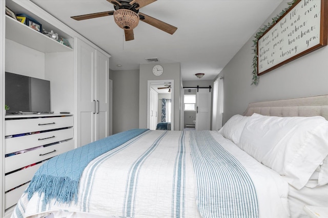 bedroom with ceiling fan and visible vents