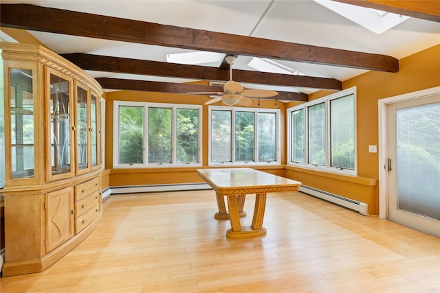 249 Cherry Ln, Airmont, NY 10901 - unfurnished sunroom featuring a skylight, a baseboard heating unit, and wood finished floors