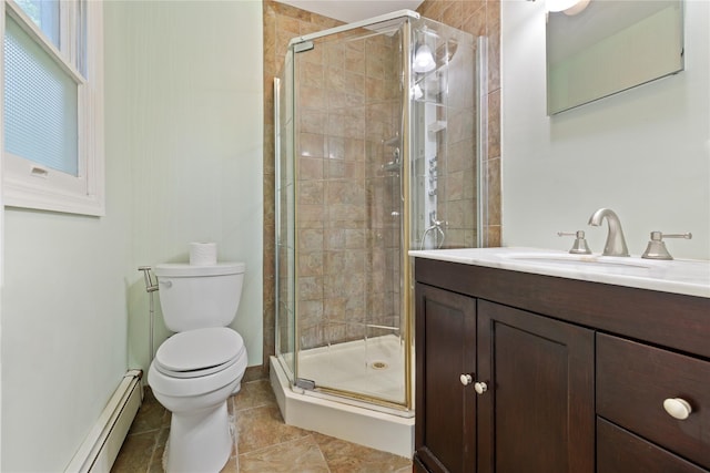 249 Cherry Ln, Airmont, NY 10901 - full bath with baseboard heating, a stall shower, toilet, vanity, and tile patterned floors