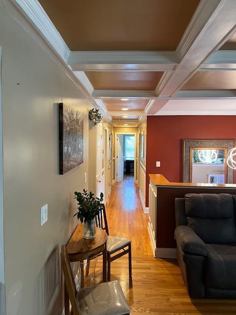 2659 Rte 52, Hopewell Junction, NY 12533 - hall with beam ceiling, coffered ceiling, crown molding, and light wood-type flooring