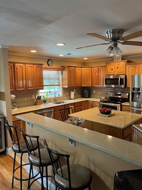 2659 Rte 52, Hopewell Junction, NY 12533 - kitchen with ceiling fan, a kitchen bar, appliances with stainless steel finishes, a sink, and light wood-style floors