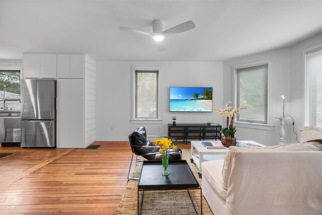 55 Upper Main St, Callicoon, NY 12723 - living area with ceiling fan, light wood finished floors, and baseboards
