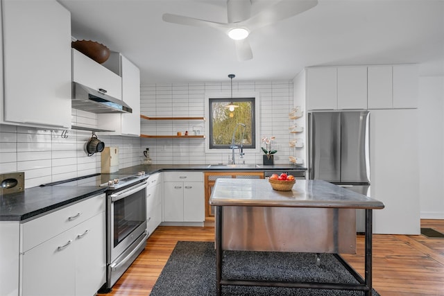 55 Upper Main St, Callicoon, NY 12723 - kitchen with under cabinet range hood, stainless steel appliances, a ceiling fan, and dark countertops