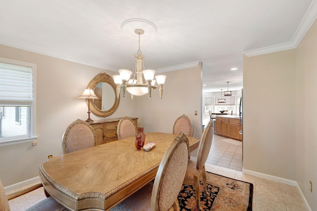 dining space featuring light tile patterned floors, an inviting chandelier, and a wealth of natural light