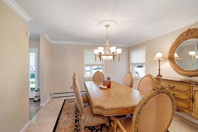 dining space with crown molding, plenty of natural light, and a chandelier