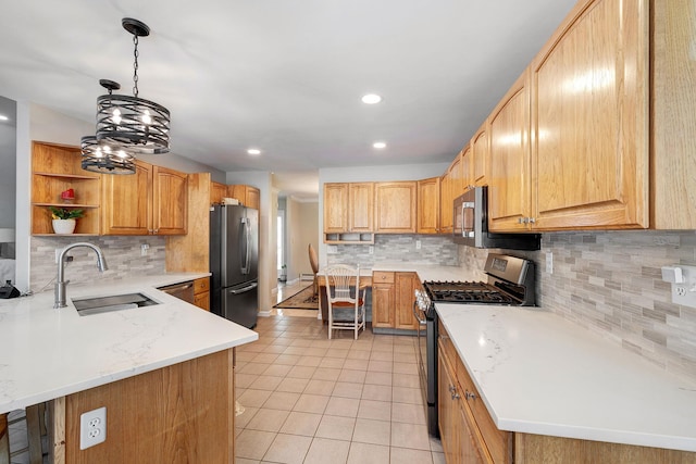 kitchen with light tile patterned flooring, open shelves, a sink, stainless steel appliances, and backsplash