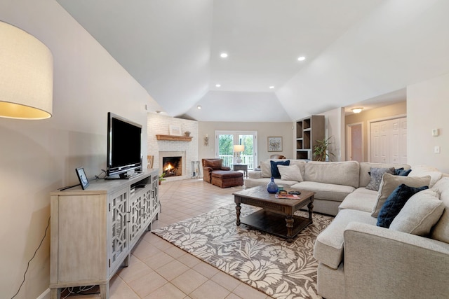 living room featuring recessed lighting, a brick fireplace, light tile patterned floors, and vaulted ceiling