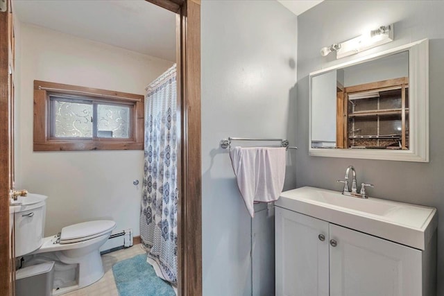 bathroom with a baseboard heating unit, toilet, vanity, and a shower with shower curtain