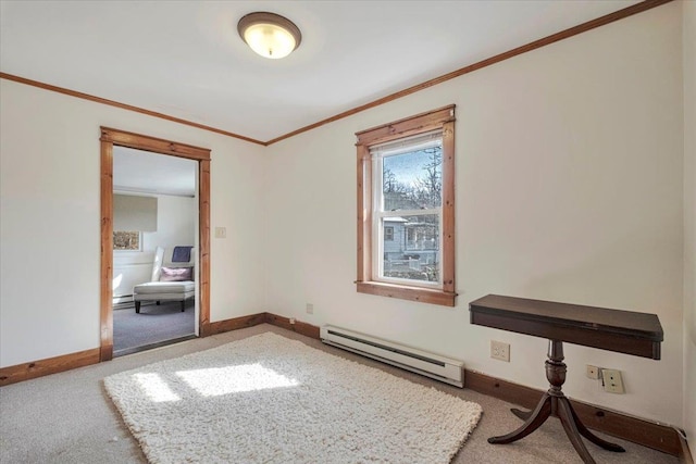 unfurnished room with a baseboard heating unit, baseboards, a baseboard radiator, carpet floors, and ornamental molding
