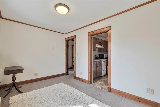 bedroom featuring ornamental molding, baseboards, and light colored carpet