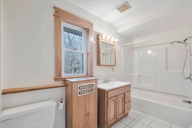 full bath with tile patterned flooring, shower / bathtub combination, visible vents, toilet, and vanity