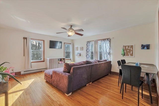living room featuring a baseboard heating unit, a wealth of natural light, and light wood-style floors