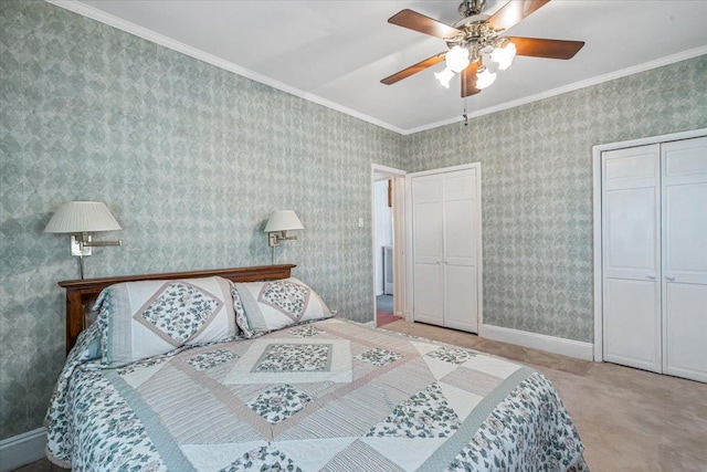 35-30 211th St, Bayside, NY 11361 - bedroom featuring crown molding, baseboards, carpet, and a ceiling fan