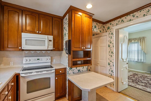 35-30 211th St, Bayside, NY 11361 - kitchen featuring white appliances, wallpapered walls, light countertops, brown cabinets, and decorative backsplash