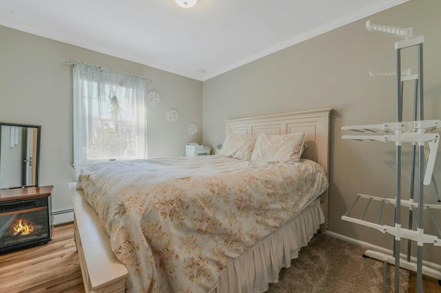 bedroom with baseboards, ornamental molding, a glass covered fireplace, and baseboard heating
