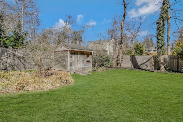 view of yard with a storage unit, a fenced backyard, and an outdoor structure