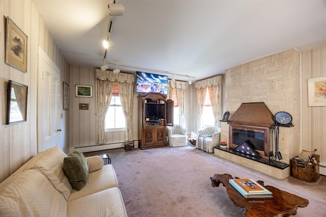 655 Vassar Rd, Poughkeepsie, NY 12603 - carpeted living room with a baseboard heating unit and track lighting