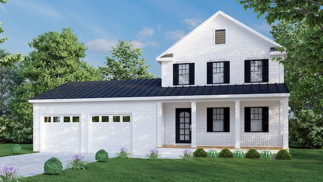 651 Vassar Rd, Poughkeepsie, NY 12603 - modern farmhouse with a front yard, a standing seam roof, an attached garage, a porch, and driveway