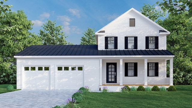 651 Vassar Rd, Poughkeepsie, NY 12603 - modern farmhouse with covered porch, decorative driveway, metal roof, a front lawn, and a garage