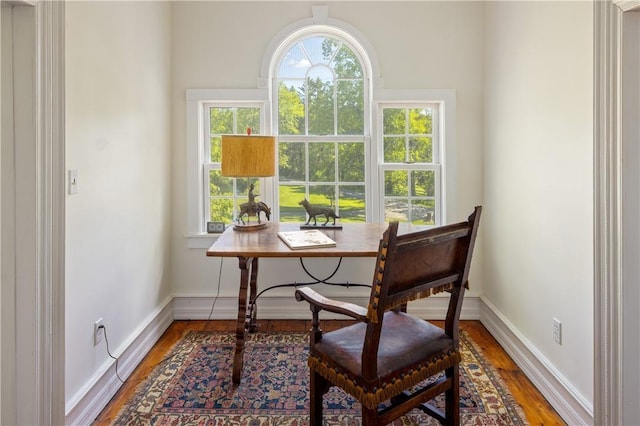 office space with baseboards and wood finished floors
