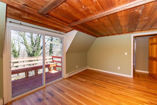 additional living space with wood ceiling, baseboards, a baseboard radiator, lofted ceiling with beams, and light wood-style flooring