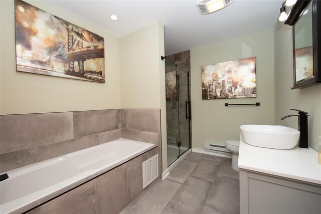 36 Byrds Hill Rd, Pawling, NY 12564 - full bathroom with a baseboard heating unit, vanity, a bath, a stall shower, and toilet