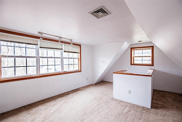 additional living space with carpet flooring, lofted ceiling, and visible vents
