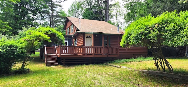 22 Ballard St, Smallwood, NY 12778 - exterior space with a shingled roof, a front lawn, a wooden deck, and log veneer siding