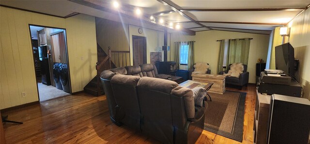 22 Ballard St, Smallwood, NY 12778 - living room with wood finished floors, wood walls, vaulted ceiling, and a wood stove