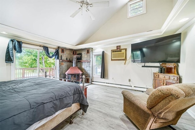 bedroom featuring access to exterior, a wall mounted AC, wood finished floors, a wood stove, and a baseboard heating unit