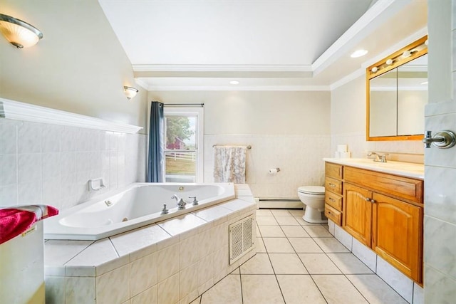 bathroom with toilet, a whirlpool tub, baseboard heating, tile patterned flooring, and ornamental molding