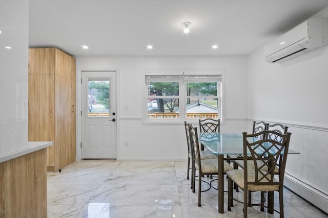 dining room featuring plenty of natural light, marble finish floor, recessed lighting, and a wall unit AC
