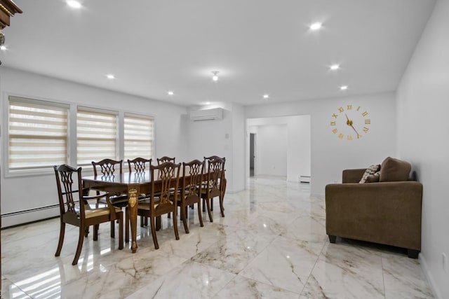 dining area with a baseboard heating unit, an AC wall unit, recessed lighting, and marble finish floor