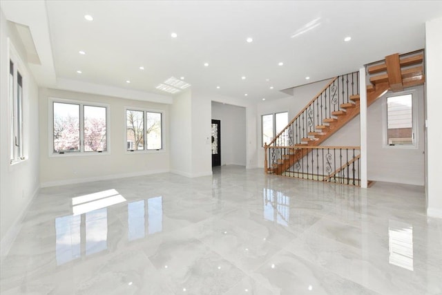 76-47 173rd St, Fresh Meadows, NY 11366 - unfurnished living room featuring baseboards, stairway, marble finish floor, and recessed lighting