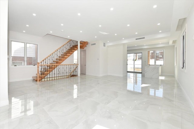76-47 173rd St, Fresh Meadows, NY 11366 - unfurnished living room with recessed lighting, stairway, visible vents, and baseboards