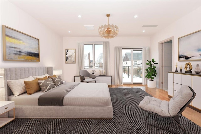 76-47 173rd St, Fresh Meadows, NY 11366 - bedroom with light wood-style flooring, access to exterior, recessed lighting, and a chandelier