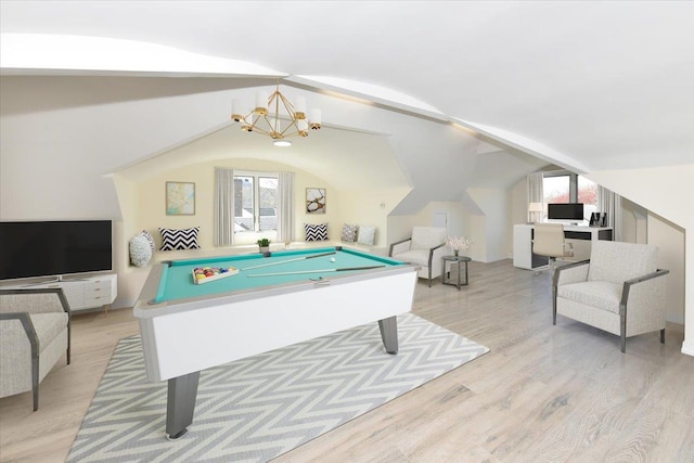76-47 173rd St, Fresh Meadows, NY 11366 - rec room with light wood-style flooring, a notable chandelier, pool table, and lofted ceiling