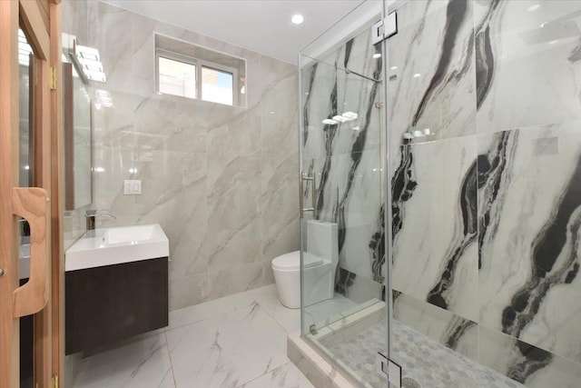 76-47 173rd St, Fresh Meadows, NY 11366 - full bath with tile walls, toilet, vanity, a marble finish shower, and marble finish floor