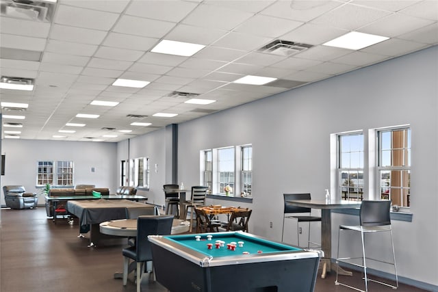 game room featuring pool table, a drop ceiling, and visible vents