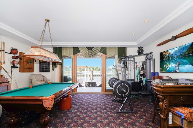 2314 National Dr, Brooklyn, NY 11234 - recreation room with billiards, ornamental molding, and carpet flooring