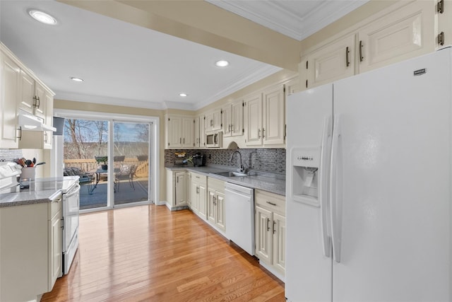 kitchen with a sink, ornamental molding, white appliances, light wood-style floors, and under cabinet range hood
