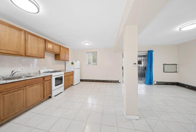 54-30 Kissena Blvd, Flushing, NY 11355 - kitchen featuring a sink, tasteful backsplash, a baseboard radiator, baseboards, and white appliances