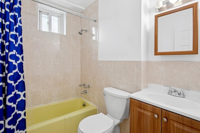 54-30 Kissena Blvd, Flushing, NY 11355 - bathroom featuring tile walls, toilet, vanity, and shower / bathtub combination with curtain
