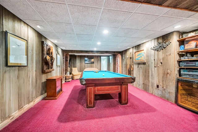 recreation room with carpet, wood walls, pool table, and recessed lighting