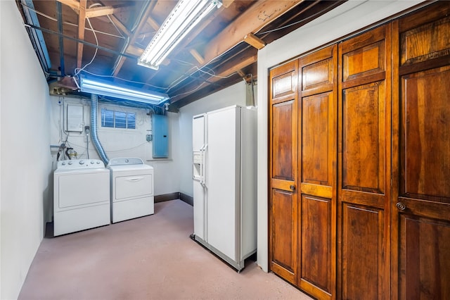 laundry area featuring baseboards, washer and dryer, laundry area, and electric panel