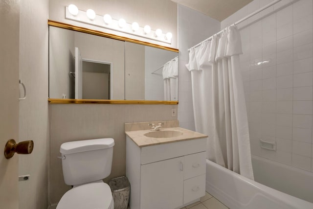 full bath with tile patterned floors, vanity, shower / bath combination with curtain, and toilet