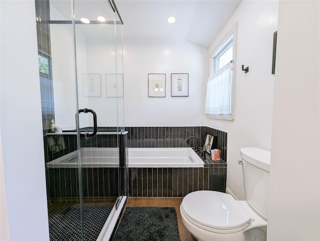 1 Concord Dr, Fort Salonga, NY 11768 - full bathroom featuring toilet, a bath, a stall shower, wood finished floors, and vaulted ceiling