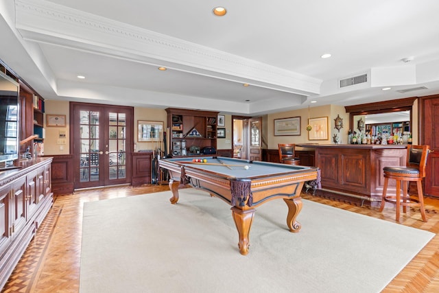 3 Wincoma Dr, Huntington Bay, NY 11743 - game room featuring visible vents, recessed lighting, a dry bar, pool table, and wainscoting
