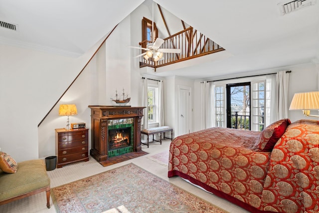 3 Wincoma Dr, Huntington Bay, NY 11743 - carpeted bedroom with access to exterior, visible vents, and crown molding