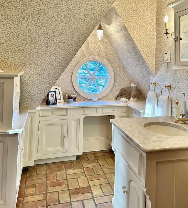 3 Wincoma Dr, Huntington Bay, NY 11743 - bathroom featuring wallpapered walls, plenty of natural light, brick floor, and lofted ceiling